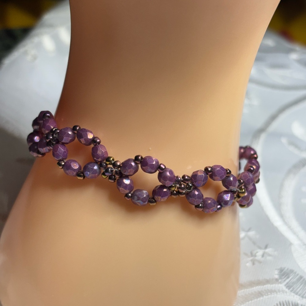 Handmade Purple and Bronze Beaded Bracelet 7.5 inches